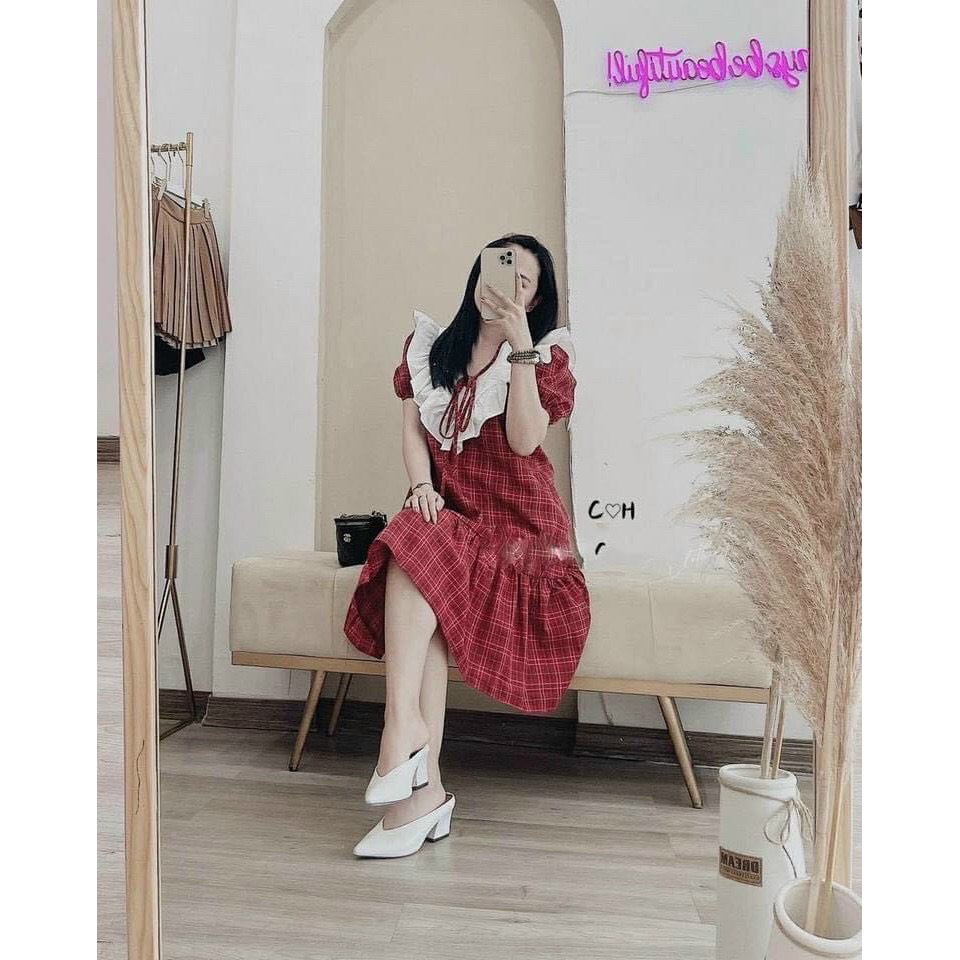 Đầm Bầu Thiết Kế Váy Bầu đẹp kẻ đỏ phối trắng Full size S/M/L