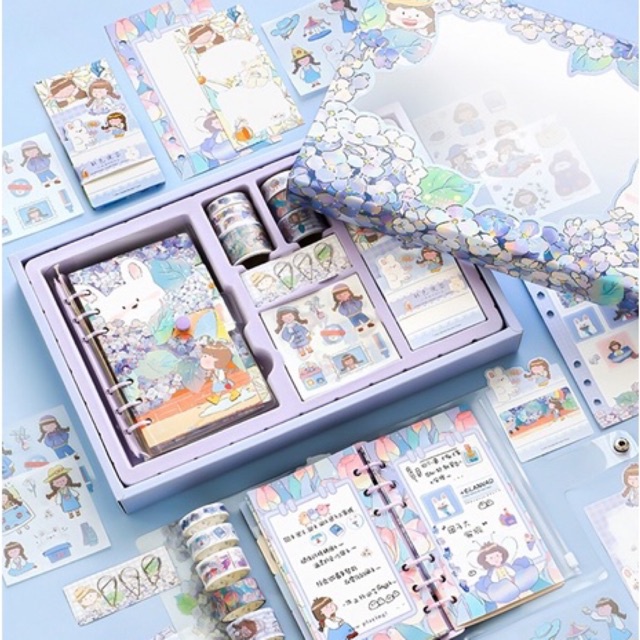 Set hộp quà tặng dễ thương kèm sổ tay sticker, washi, giấy note và móc khoá xinh