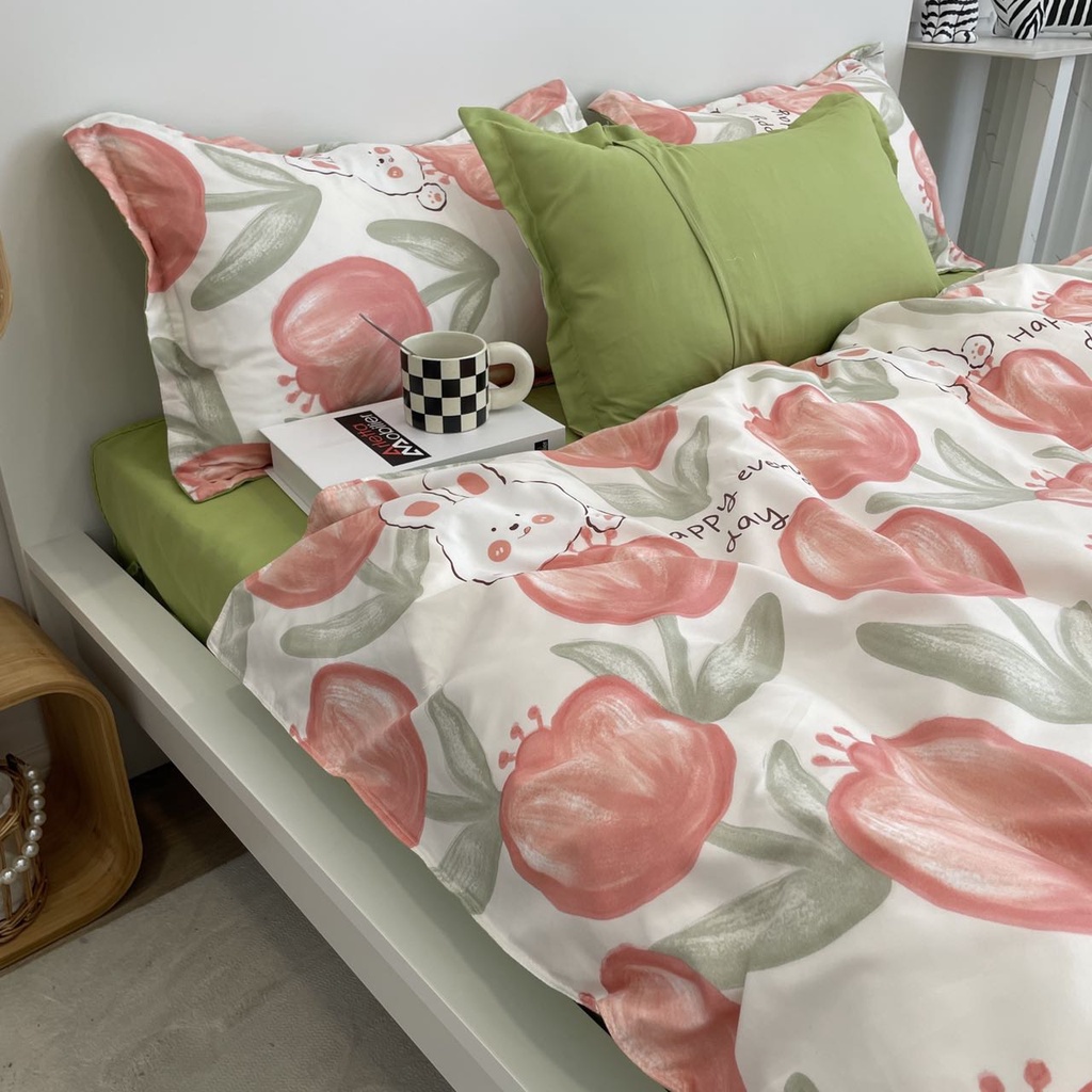 Bộ chăn ga gối cotton poly - Mẫu hoa tuylip đỏ