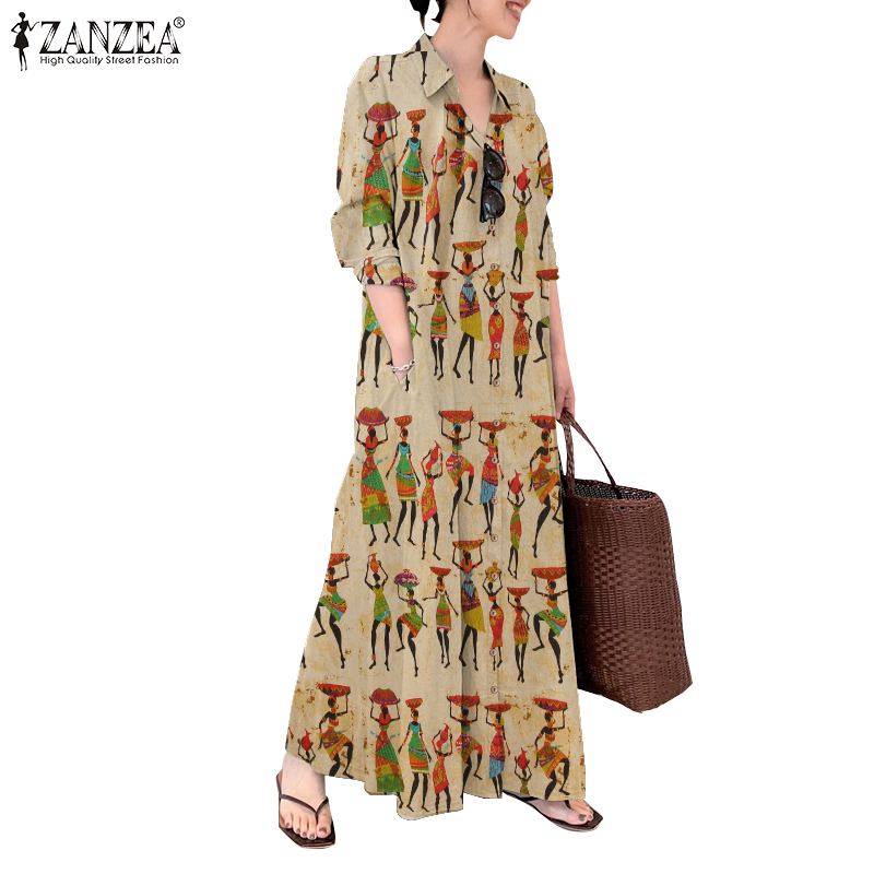 Đầm Maxi ZANZEA Dài Tay Cổ Bẻ Dáng Dài Rộng Thời Trang Hàn Quốc Cho Nữ | BigBuy360 - bigbuy360.vn