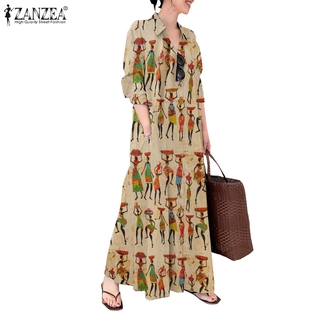 Đầm Maxi ZANZEA Dài Tay Cổ Bẻ Dáng Dài Rộng Thời Trang Hàn Quốc Cho Nữ