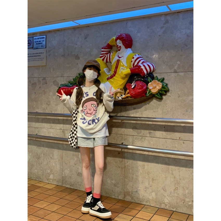 Áo Nỉ Dài Tay Cổ Tròn Form Rộng In Họa Tiết Hoạt Hình Cho Nữ | BigBuy360 - bigbuy360.vn