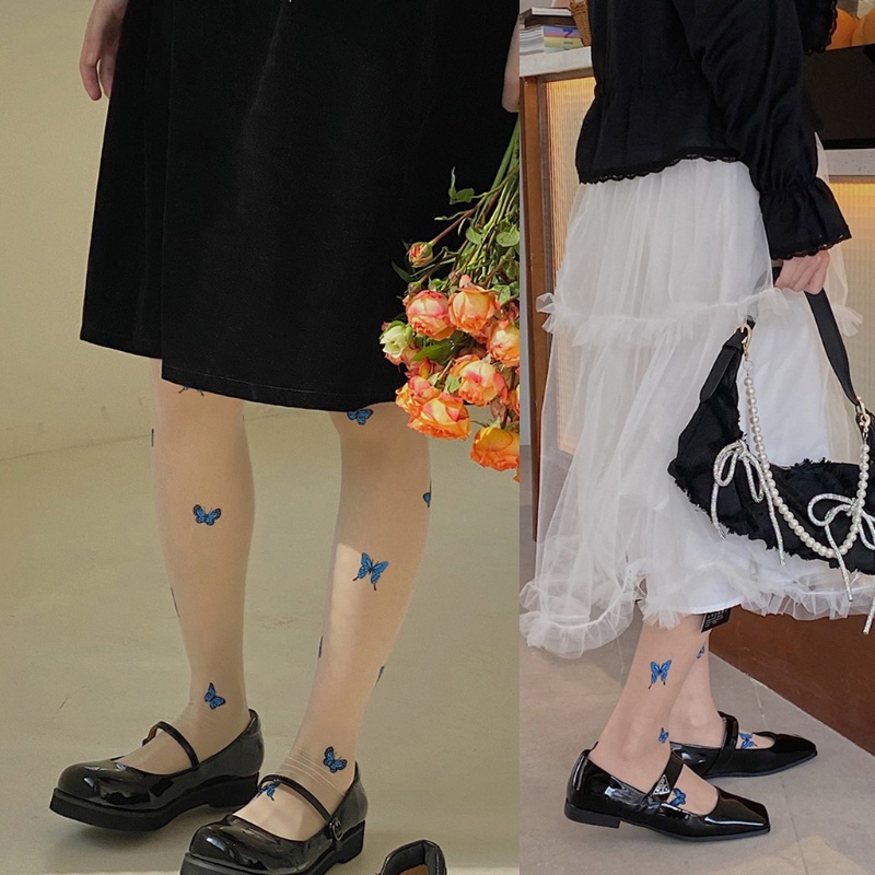 Youyo Quần Tất Siêu Mỏng In Hình Bướm Màu Xanh Dương Phong Cách Lolita Cho Nữ So