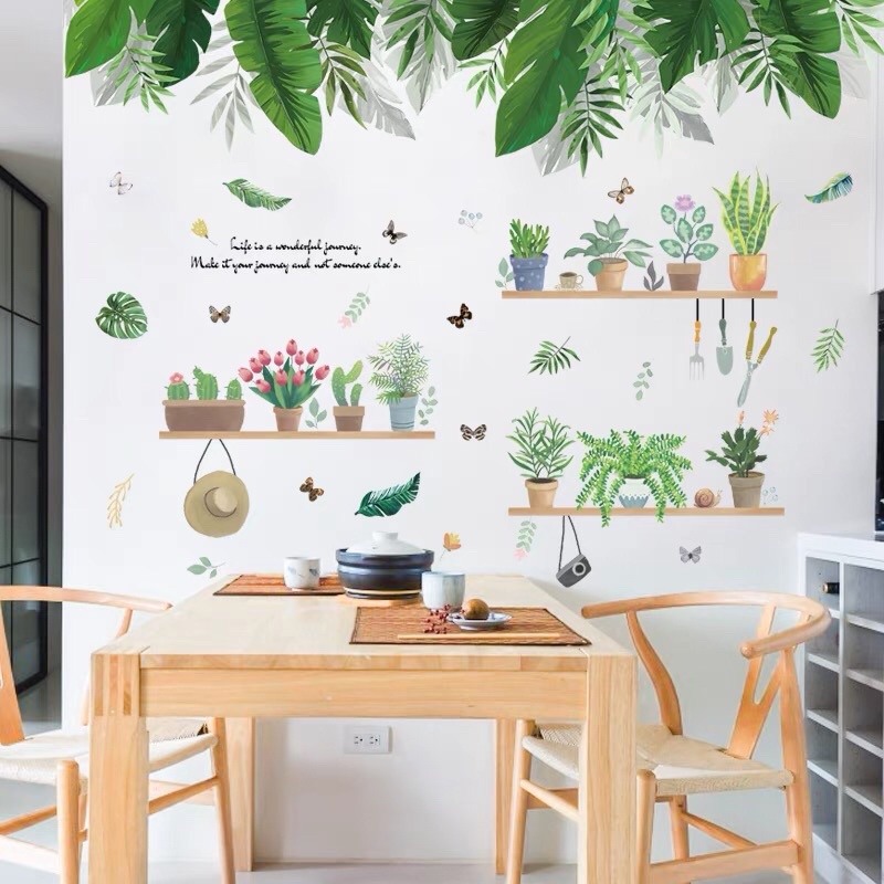 Tranh dán tường, Decal dán tường tán lá xanh và chậu cây