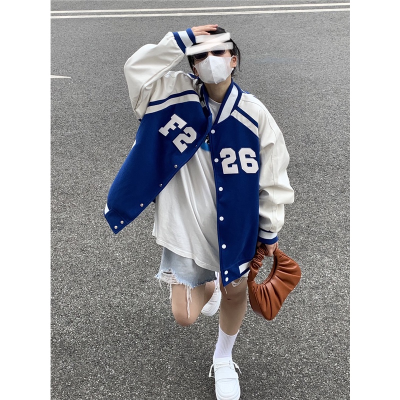 Áo khoác bóng chày varsity jacket dáng rộng phối màu phong cách Mỹ retro mùa thu đông