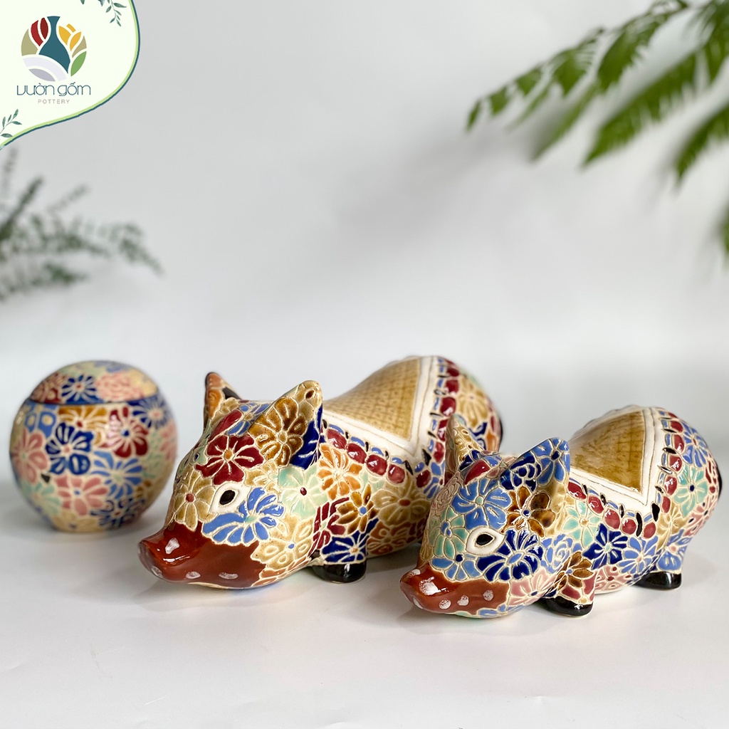 Tượng heo gốm bách hoa, lợn tiết kiệm decor trang trí Vườn Gốm - The Garden