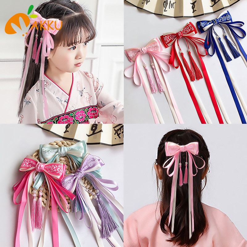 Dây Cột Tóc Nơ Ruy Băng Sứ Trắng Xanh AKKU