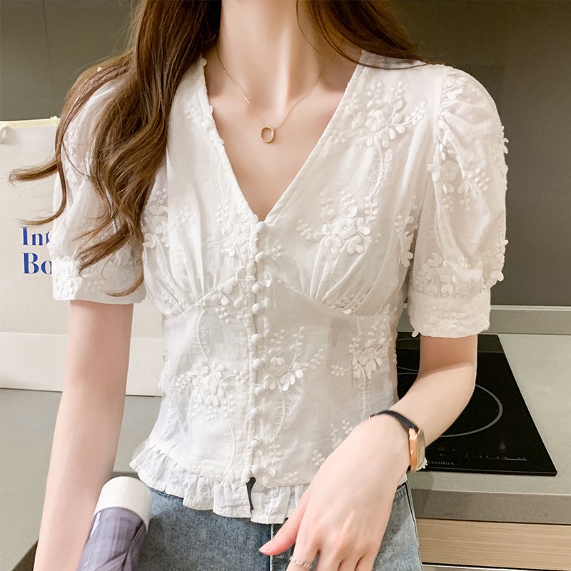Áo Sơ Mi Trắng Cổ V Ngắn Tay Phối Ren Thanh Lịch Cho Nữ