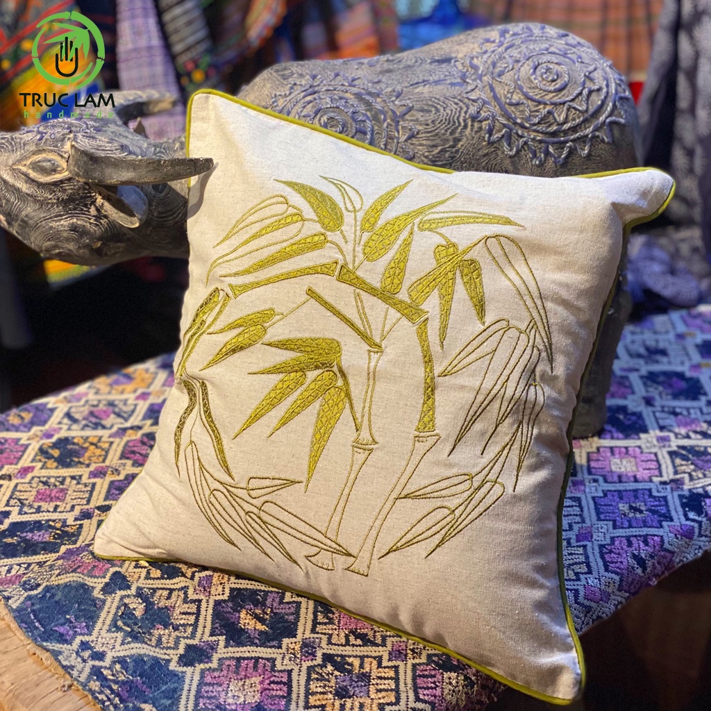 Gối/Vỏ Gối Vuông Tựa Lưng Sofa (45x45) Trang Trí Phòng  Vải Linen Thêu Thủ Công Hình Cành Tre - Trúc Lâm Handmade