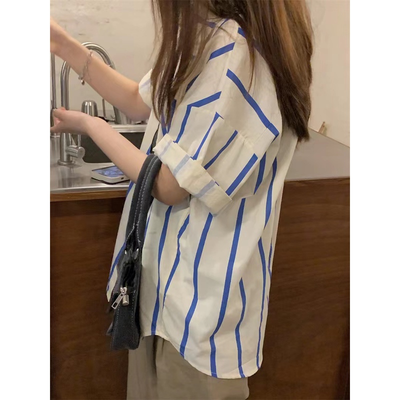 Áo Sơ Mi Ngắn Tay Họa Tiết Kẻ Sọc Màu Sắc Tương Phản Thời Trang Mùa Hè