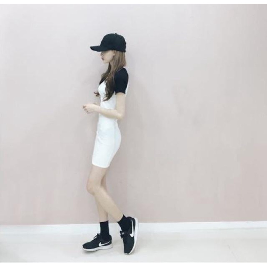 Váy Body Nữ Tay Lỡ Trắng Phối Tay Đen Form Chuẩn Tôn Dáng V0004 babytee