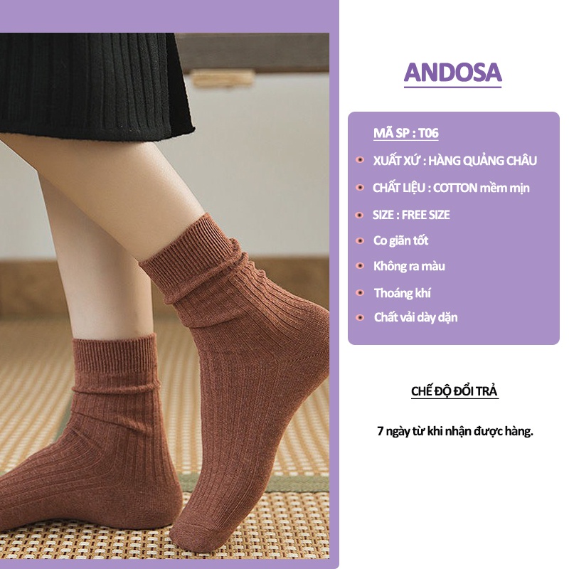 Tất vớ cổ cao trơn nam nữ vintage cotton dày đẹp phong cách Hàn Quốc ANDOSA T06