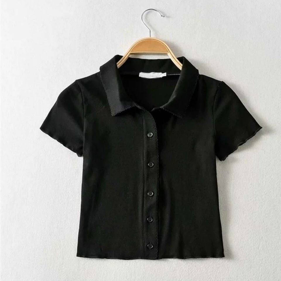 Áo kiểu COZOKC dệt kim cổ polo tay ngắn màu đơn giản thời trang