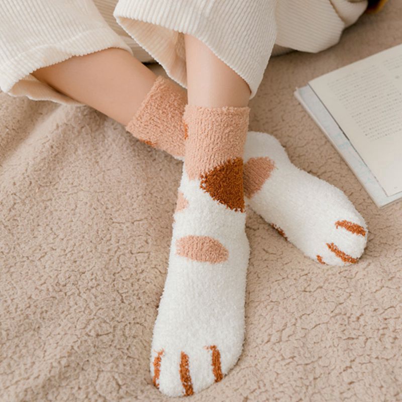 Vớ ngủ cao qua mắt cá chân bằng vải bông san hô dày họa tiết móng mèo đáng yêu giữ ấm mùa đông cho nữ