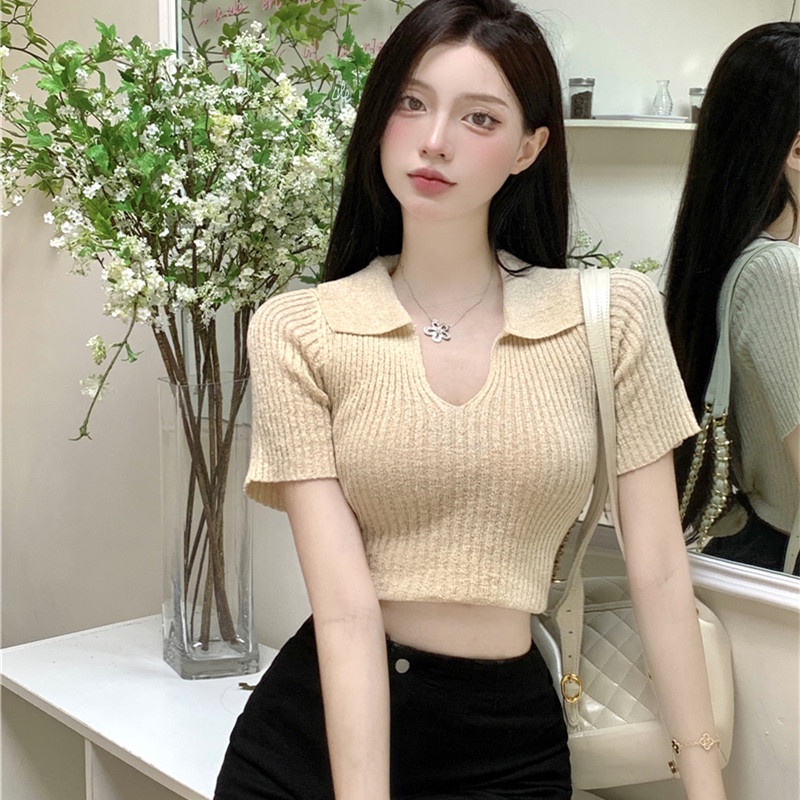 Áo Dệt Kim Ngắn Tay Cổ Chữ V Thời Trang Cá Tính