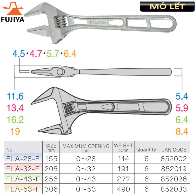 [Chính hãng] Cờ lê mỏ lết điều chỉnh 10"/256mm Fujiya FLA-43-F tiêu chuẩn Nhật Bản- Japan
