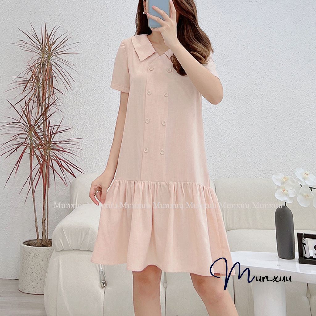 Đầm suông nữ dáng babydoll MUNXUU thiết kế tay ngắn phối cúc màu sắc nhẹ nhàng thanh lịch - V14