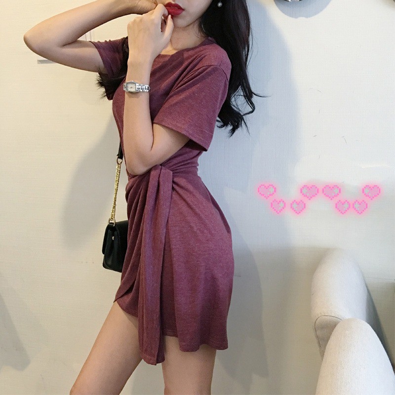 Váy Nữ Đầm Tay Ngắn Cổ Tròn Phong Cách Hàn Quốc Cho Nữ