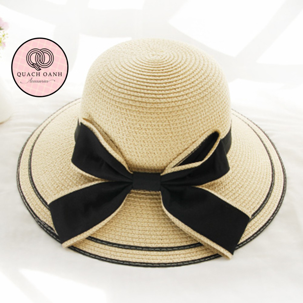 Mũ cói mềm, nón cói đi biển mẹ và bé vành rộng viền đen đai nơ phong cách vintage chống nắng – MC36