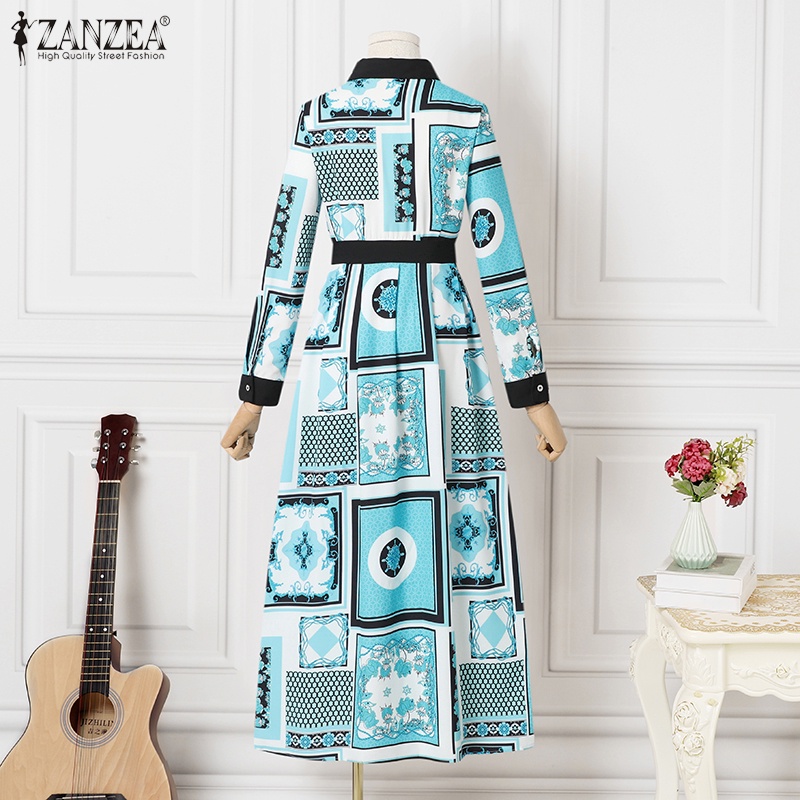 Đầm maxi ZANZEA cổ bẻ in họa tiết phong cách vintage thời trang dành cho nữ