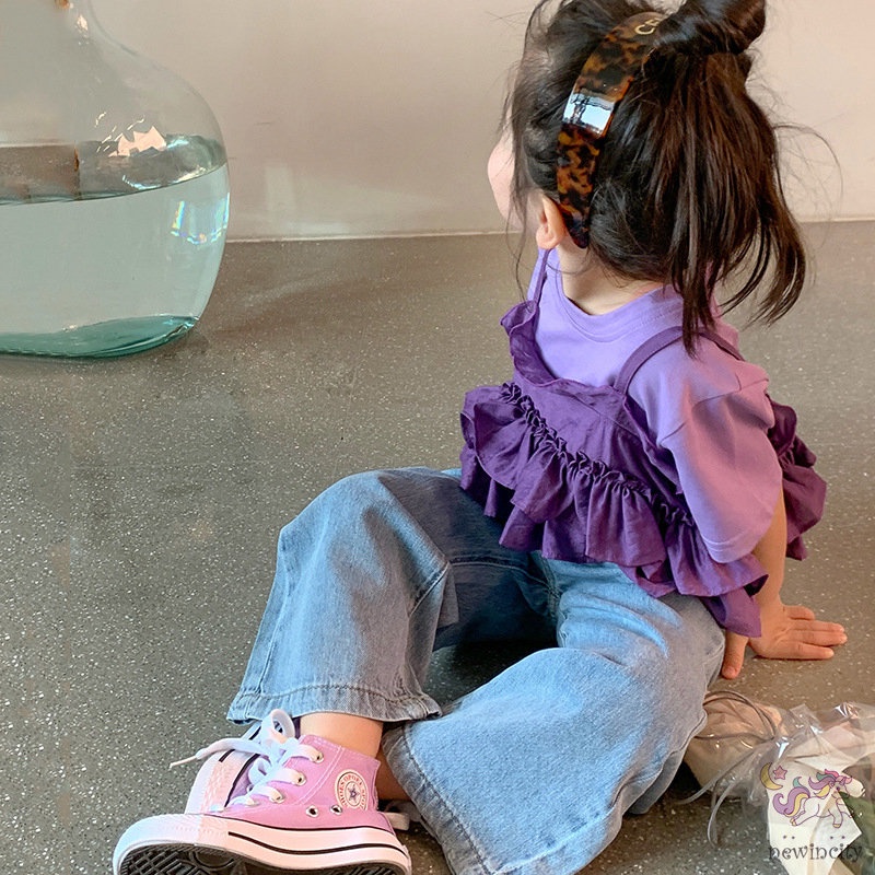 Bộ Áo Thun Cotton + Quần Yếm Nhún Bèo Phong Cách Hàn Quốc Thời Trang Mùa Hè Cho Bé Gái