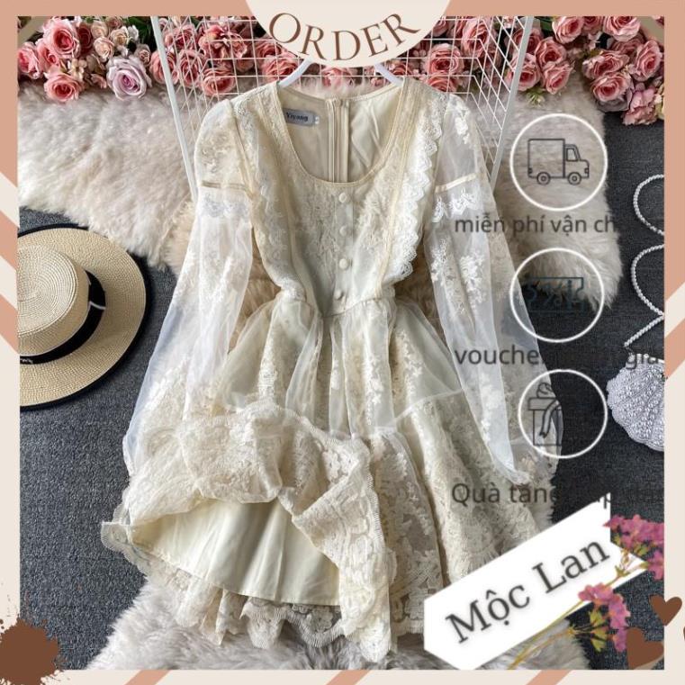 (MộcLan ORDER) Đầm cổ vuông tay dài màu be mix trắng chất voan mix ren hoa có size - hàng chuẩn | BigBuy360 - bigbuy360.vn