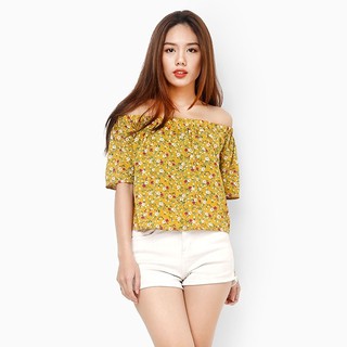 Áo kiểu bẹt vai họa tiết bông màu vàng MS01 OK294865