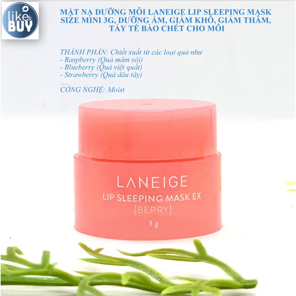 Mặt nạ dưỡng môi Laneige Lip Sleeping Mask size mini 3g hàng Hàn Quốc. Dưỡng ẩm, giảm khô, giảm thâm môi tẩy tế bào chết
