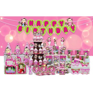 set sinh nhật happy birthday bộ phụ kiện trang trí tiệc bé gái khỉ hồng - Tuổi Thân - Party