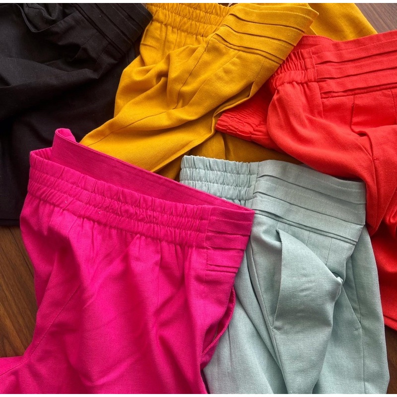 Quần Short linen nữ lưng dập ly,dây kéo hông.Hình cận vải shop chụp thật