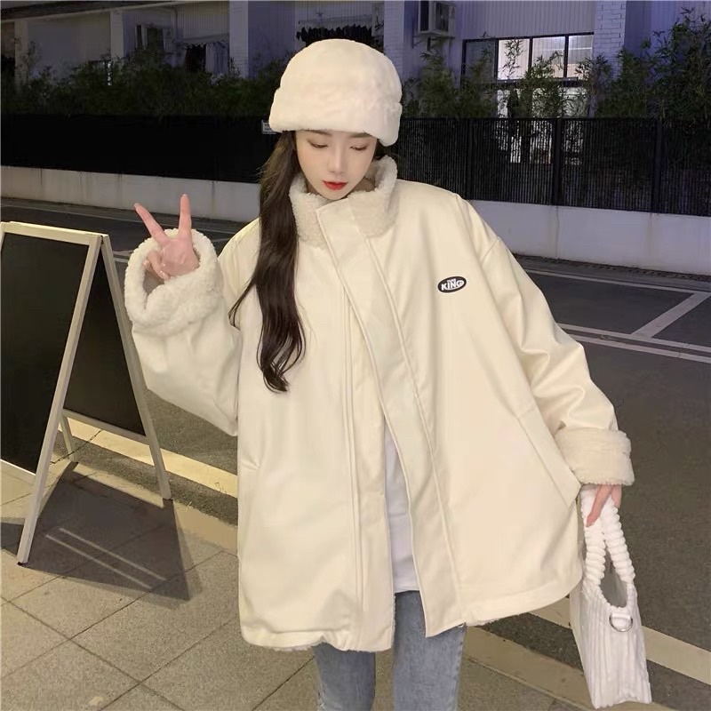 Áo Khoác Kaki Bông Hai Mặt Màu Trắng Kem Form Rộng Ulzzang Siêu Dày DẴN