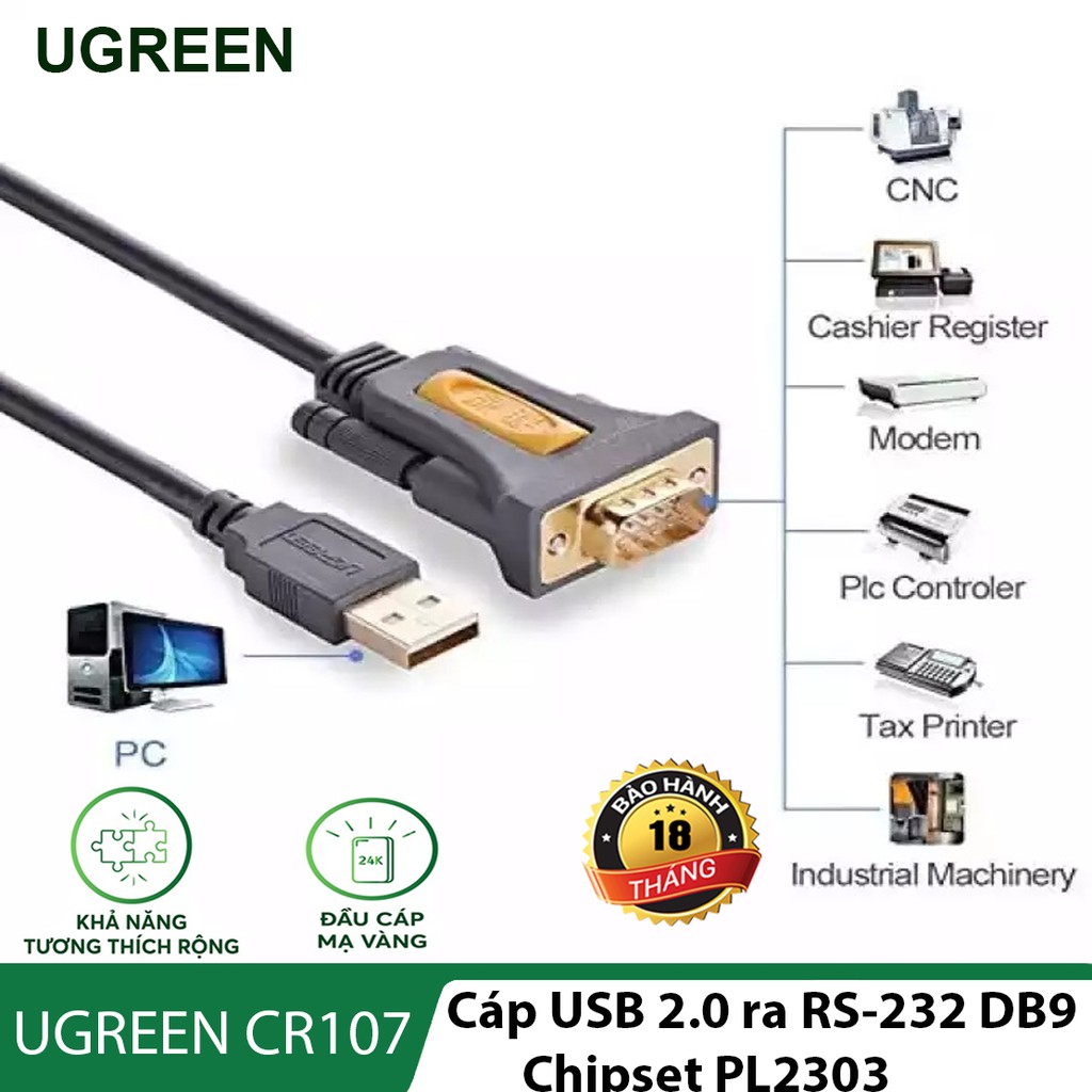 Cáp chuyển cổng USB 2.0 sang RS-232 DB9 ( COM 9 chân ) tích hợp Chipset PL2303 l UGREEN CR107