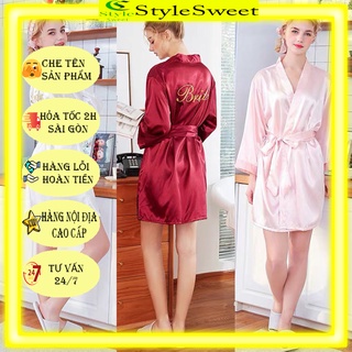 Áo choàng ngủ lụa kiểu kimono in chữ sang trọng