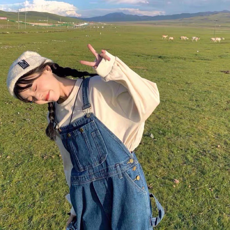 Quần yếm jeans xanh Demi Overalls dài ống rộng phong cách Hàn Quốc Yannie