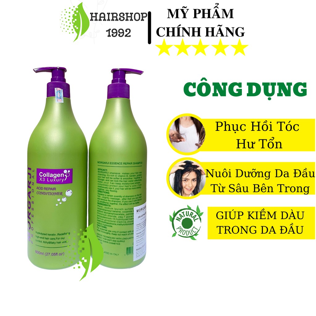 Cặp Dầu Gội Xả Colagen Phục Hồi Tóc Hư Tổn Siêu Mượt Hương Thơm Hoa Quả , Dầu Gội COLAGEN*3 MORGARJI 800ML*2