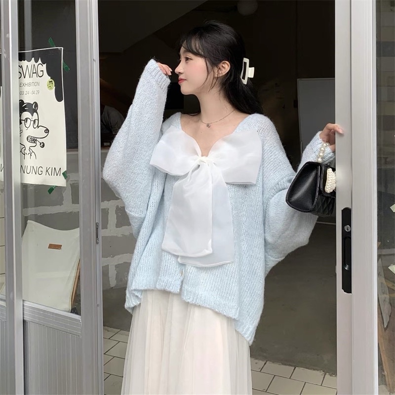 ( ADELLA ) Áo len mỏng nơ xinh xắn