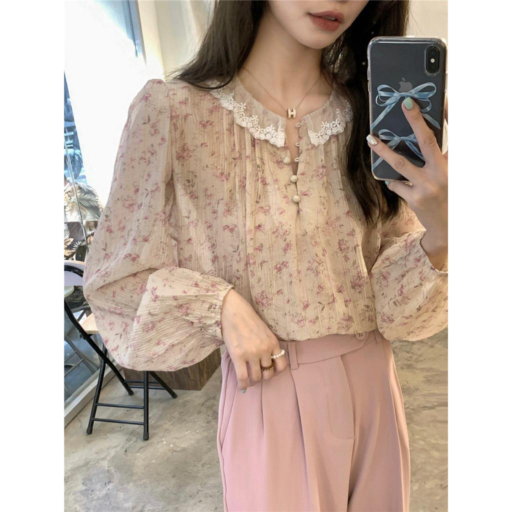 Áo Voan Hoa Dài Tay Phối Ren Xinh Xắn 63069