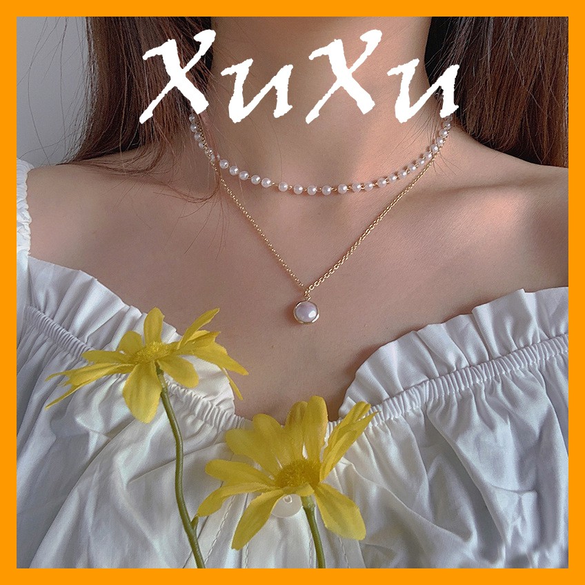 |Tiệm nhà xuxu| Dây Chuyền Nữ Cao Cấp 2 Sợi Đính Ngọc Trai Nhân Tạo, Vòng Cổ Thanh Lịch