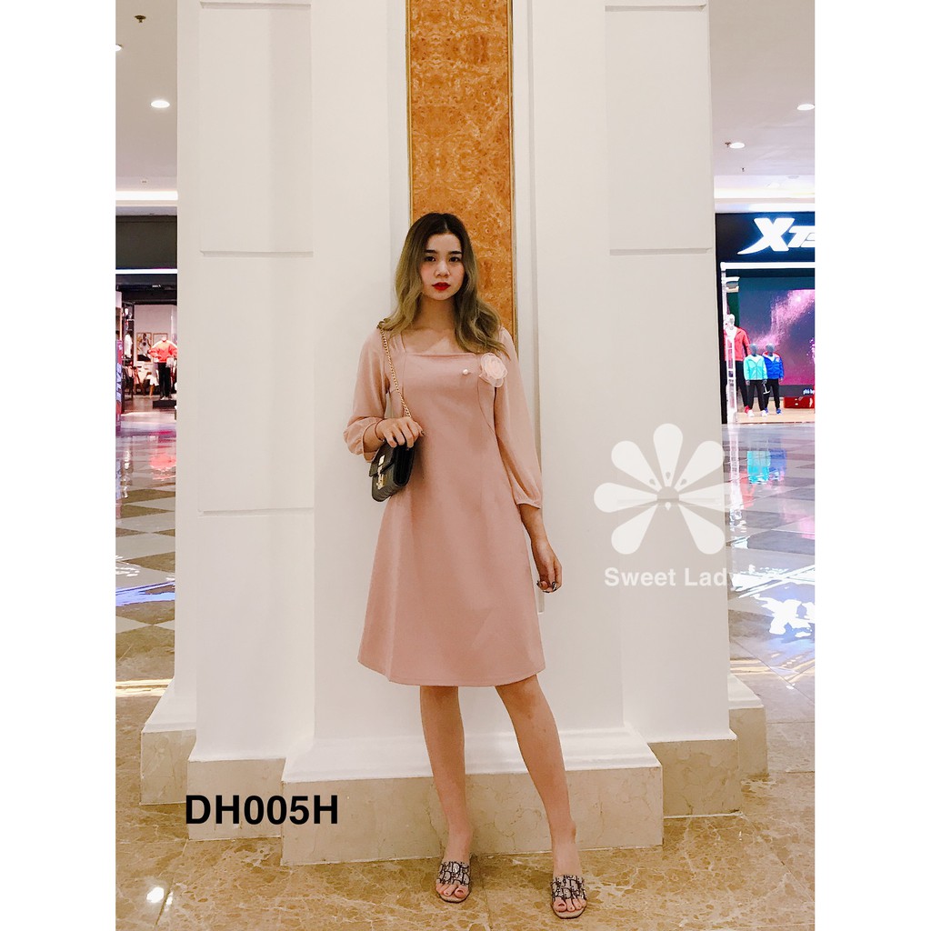 Váy dáng A dài tay cổ vuông cài hoa tinh tế sweetlady ảnh thật freeship