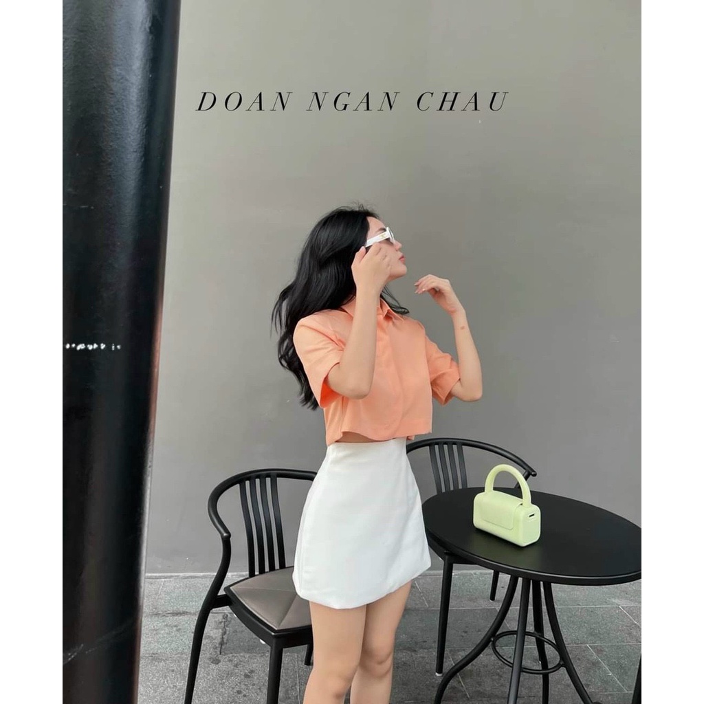 Sét áo và chân váy nữ áo kiểu sơ mi croptop kèm chân váy mini có lót trong