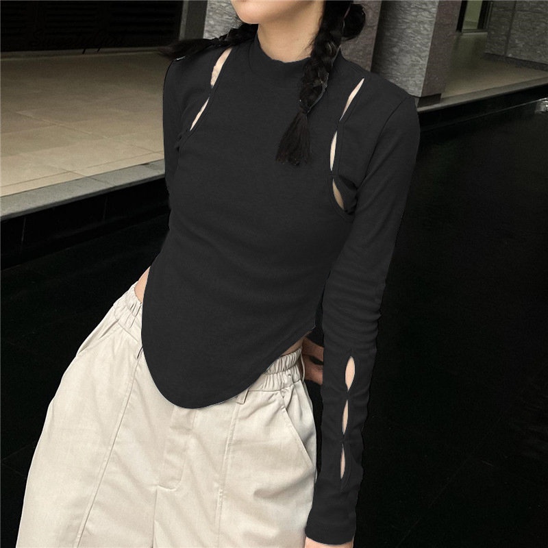 Áo Thun Tay Dài Cổ Lọ Dáng Ôm Màu Trơn Khoét Lỗ Thời Trang 2022 Cho Nữ