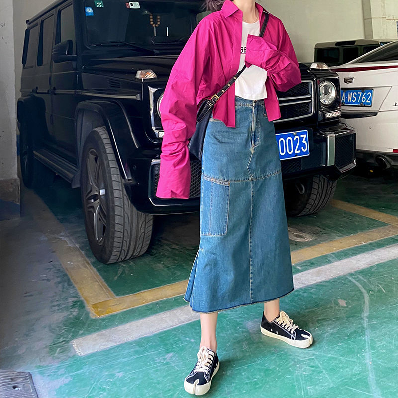 Chân Váy Jeans Lưng Cao Xẻ Tà Phong Cách Retro Cho Nữ | BigBuy360 - bigbuy360.vn