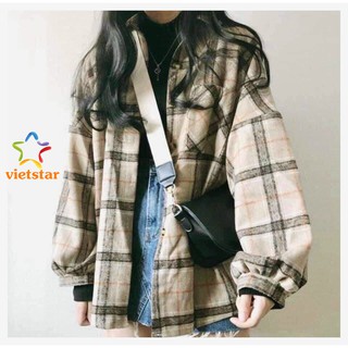 Áo sơ mi kẻ to tay bồng korea nâu vàng unisex - viet_star