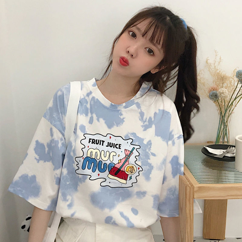 Áo thun nữ BH tay ngắn dáng rộng họa tiết nhuộm màu loang thời trang phong cách Hàn Quốc