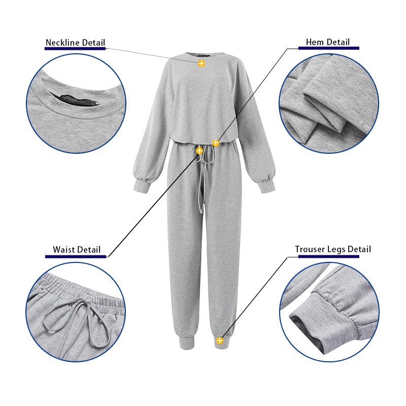 Set đồ nữ Zanzea gồm áo tay dài cổ tròn và quần dài lưng co giãn màu trơn phong cách đường phố thể thao