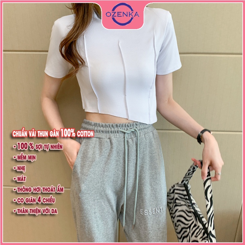 Áo croptop ngắn tay cổ tròn vạt lệch ozenka , áo crt nữ ôm body rẻ đẹp thun gân 100% cotton màu đen trắng dưới 55 cân