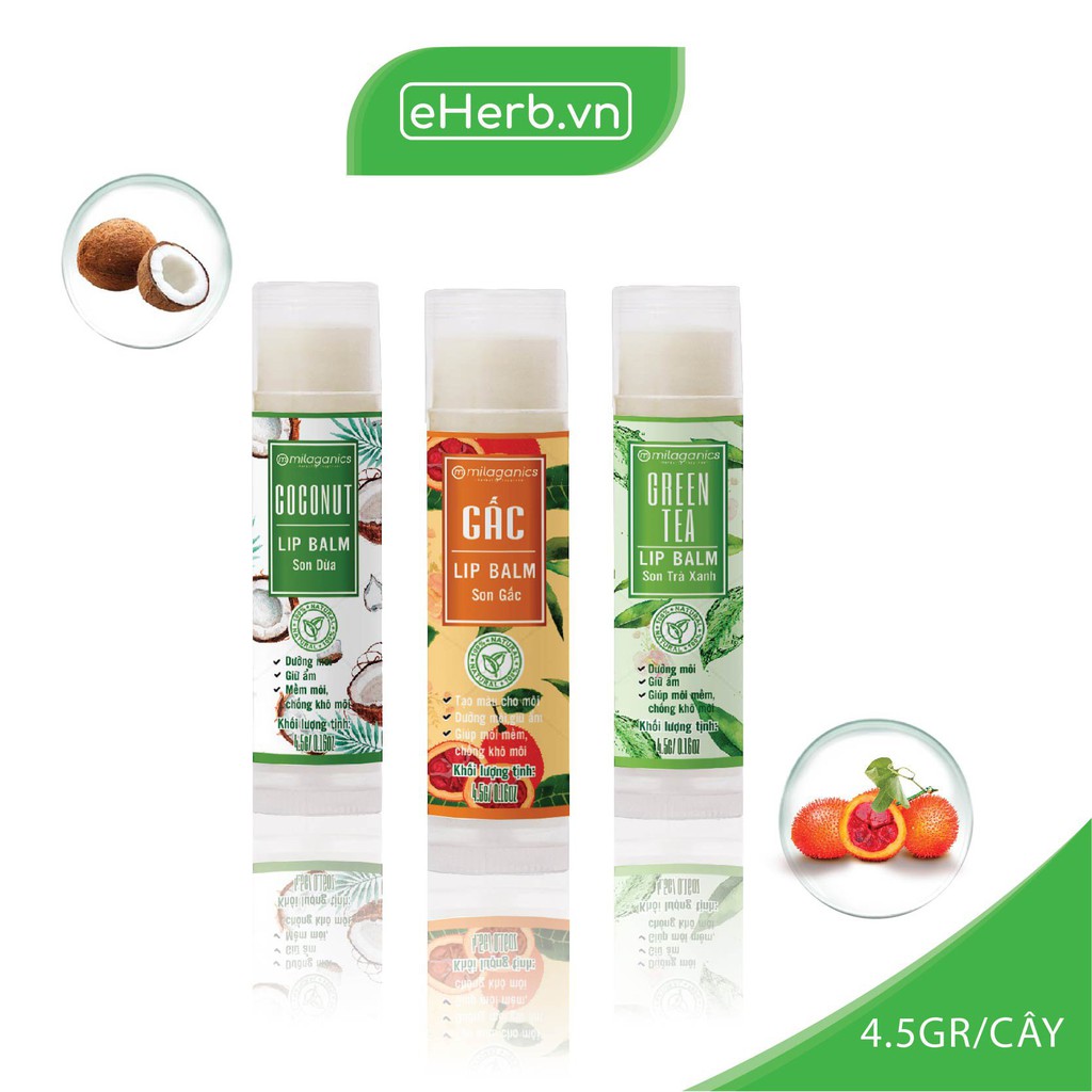 Combo 3 Son Dưỡng Ẩm, Giảm Thâm Môi: Son Dừa, Son Trà Xanh, Son Gấc MILAGANICS (4.5g/ Cây) | BigBuy360 - bigbuy360.vn