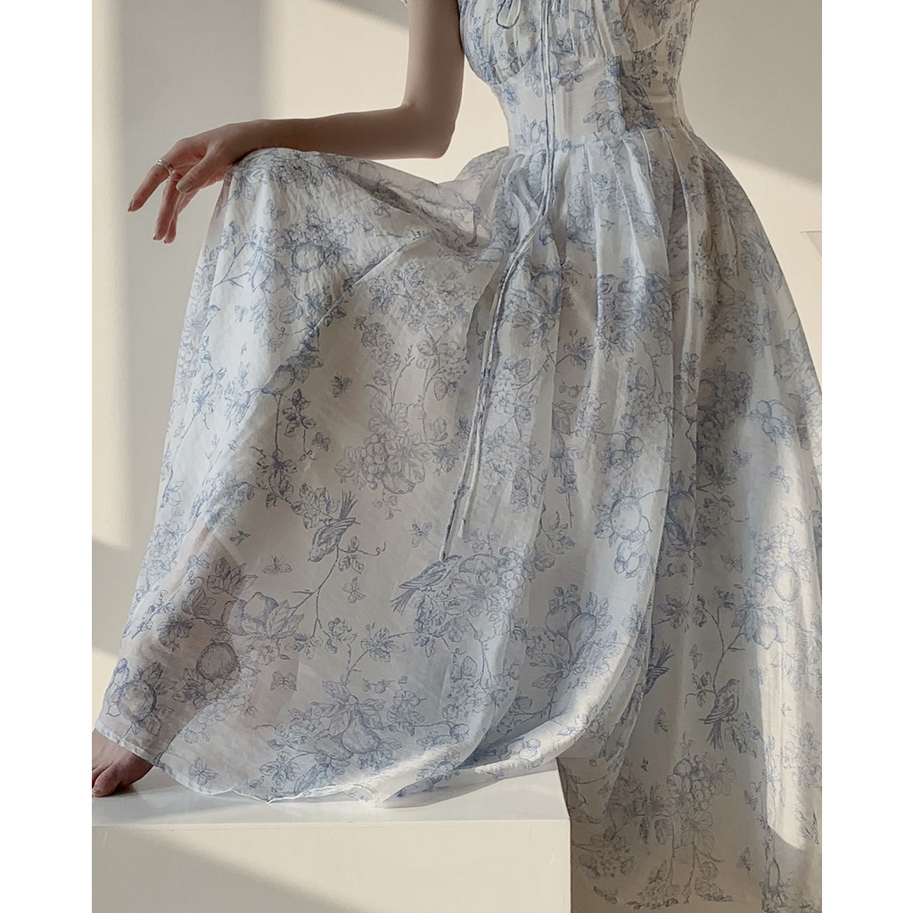 Đầm Hoa Tay Phồng Cổ Vuông Thời Trang Mùa Hè Mới Xinh Xắn Cho Nữ