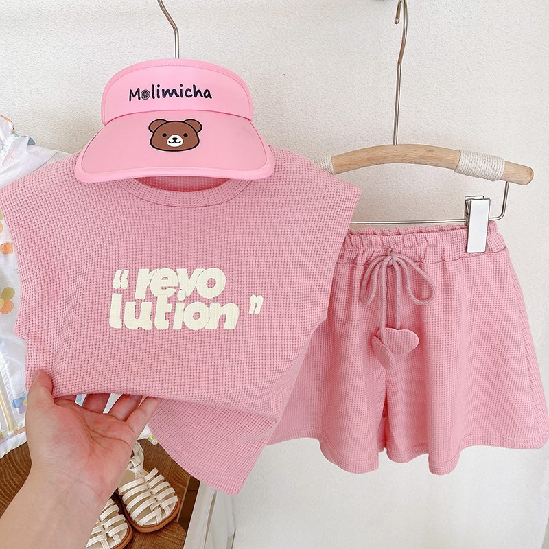 Bộ Đồ Thể Thao Áo In Chữ Phối Quần Short Màu Sắc Tương Phản Thời Trang Mùa Hè Cho Bé Gái