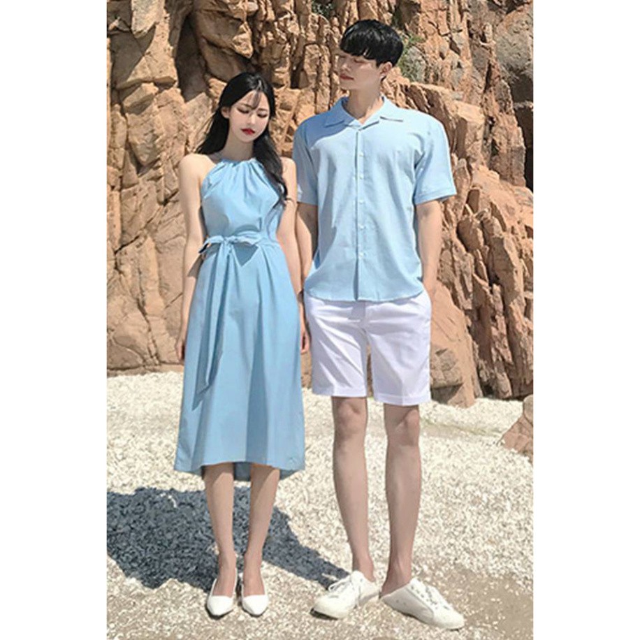 Đồ Đôi Nam Nữ, Áo Đôi Nam Nữ Đi biển đẹp, chụp hình cưới: Set áo váy sơ mi Hàn Quốc